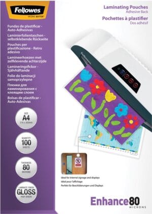 Pak Fellowes Enhance80 zelfklevende lamineerhoezen A4 van 160 micron met 100 stuks