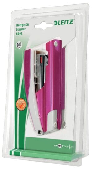 Leitz NeXXt WOW 5502 nietmachine - roze metallic, op blister — productfoto 2
