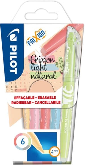 Blister met zes Pilot FriXion Light Natural markeerstiften in geassorteerde lichte kleuren