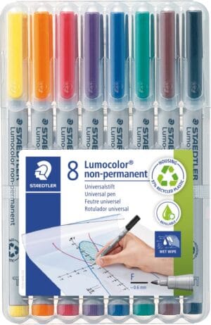 Box met acht Staedtler Lumocolor 316 OHP-markers in geassorteerde kleuren