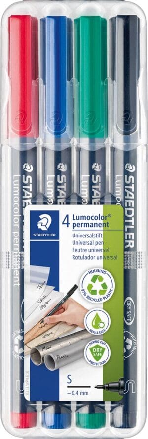 Staedtler Lumocoler 313, OHP-marker, permanent, 0,4 mm, etui van 4 stuks in geassorteerde kleuren — overheadprojector-marker