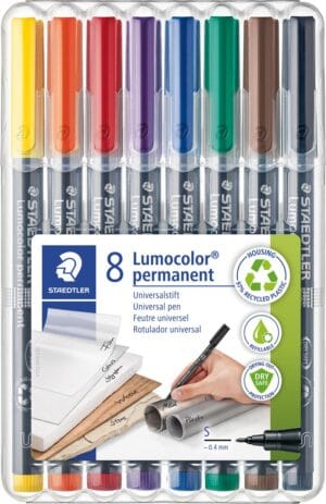 Staedtler Lumocoler 313, OHP-marker, permanent, 0,4 mm, etui van 8 stuks in geassorteerde kleuren — overheadprojector-marker