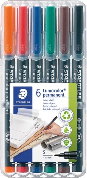 Etui met zes Staedtler Lumocolor 313 OHP-markers van 0,4 mm in assorti kleuren