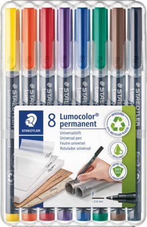 Etui met acht Staedtler Lumocolor 318 OHP-markers in geassorteerde kleuren