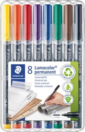 Etui met acht Staedtler Lumocolor 317 OHP-markers in geassorteerde kleuren