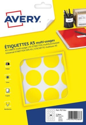 Blister met ronde gele Avery PET30J markeringsetiketten van 30 mm, 240 stuks