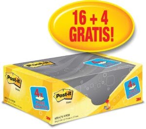 Post-it Notes memoblokken 76 × 127 mm - geel, 100 vel, voordeelpak 20 blokken (16 + 4 gratis) — productfoto 2