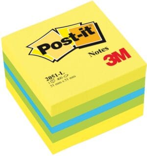 Post-it Notes mini kubus met 400 memoblaadjes van 51 × 51 mm in groen, geel en blauw