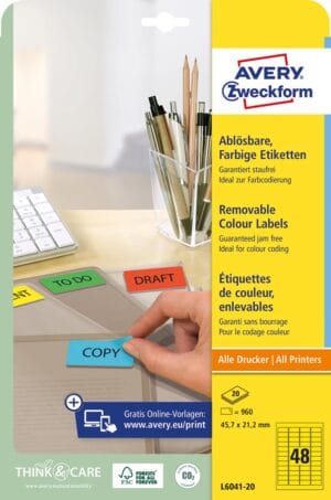 Vel met gele Avery Zweckform mini-etiketten van 21,2 × 45,7 mm