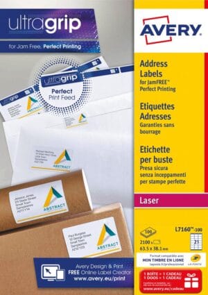 Doos Avery L7160 adresetiketten met 100 A4-vellen, 21 witte etiketten per vel