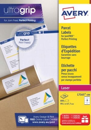 Vel Avery L7165 laseretiketten van 99,1 × 67,7 mm met acht witte etiketten