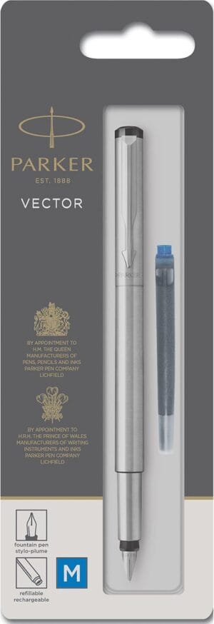 Parker Vector vulpen van staal met medium penpunt op blisterverpakking
