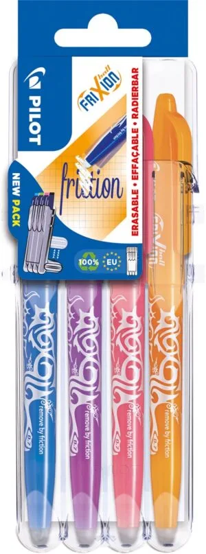 Pilot roller Frixion Ball Set 2 Go blister van 4 stuks, oranje, roze, paars en blauw