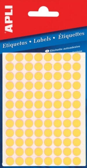 Apli ronde etiketten in etui diameter 8 mm, fluo geel, 288 stuks, 96 per blad (2079) — etiketten in kleinverpakking 2079
