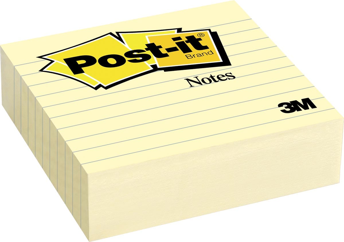Postit Notes, ft 101 x 101 mm, geel, gelijnd, blok van 300 vel