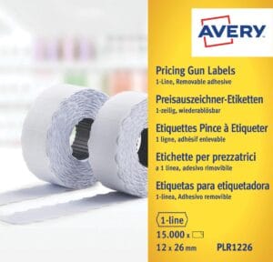 Avery PLR1226 etiketten voor prijstang afneembaar, ft 12 x 26 mm, 15 000 etiketten, wit — etiketten voor commerciële doeleinden