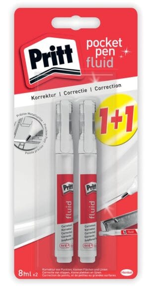 Blister met twee Pritt Pocket Pen correctiepennen, 1 plus 1 gratis