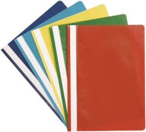 Vijf Q-CONNECT snelhechtmappen A4 in geel, rood, groen, lichtblauw en blauw