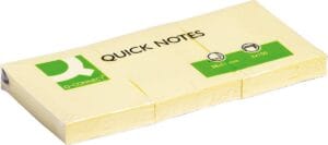 Drie gele Q-CONNECT Quick Notes memoblokken van 38 x 51 mm met 100 vel per blok