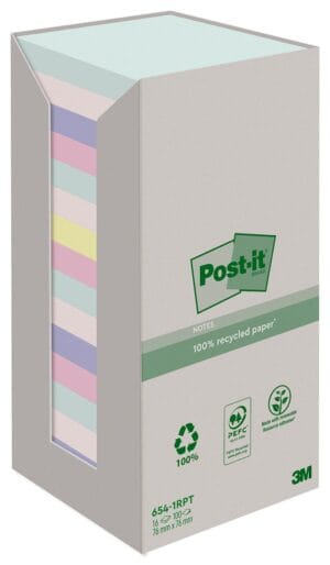 Pak Post-it Recycled Notes Nature memoblokken van 76 × 76 mm in geassorteerde pastelkleuren