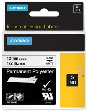 Rol Dymo Rhino permanente polyester tape van 12 mm, zwart op wit