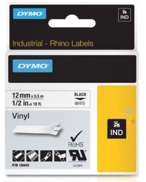 Dymo RHINO vinyltape 12 mm, zwart op wit — tapes en etiketten