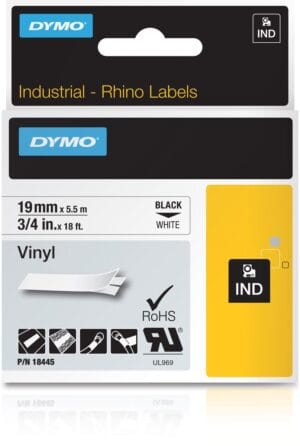 Dymo RHINO vinyltape 19 mm, zwart op wit — tapes en etiketten