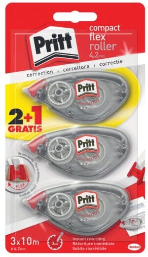 Blister met drie Pritt Compact Flex correctierollers van 4,2 mm x 10 m
