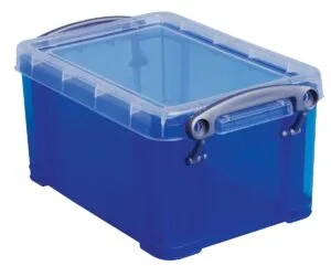Transparant blauwe Really Useful Box van 0,7 liter met deksel en twee clips
