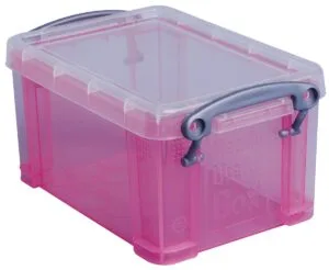 Transparant roze Really Useful Box van 0,7 liter met deksel en twee clips