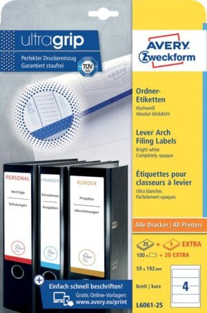 Avery Zweckform L6061-25 ordnerrugetiketten ft 19,2 x 5,9 cm (b x h), 120 etiketten, wit — zelfklevende rugetiketten