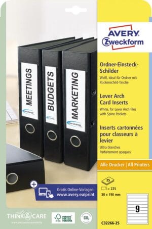 Zweck Printbare insteekkaarten voor ordnerrug ft 3 x 19 cm, rug van 4 cm, 225 stuks — niet-zelfklevende rugetiketten