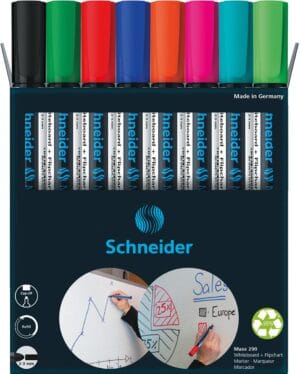 Doos met acht Schneider Maxx 290 whiteboardmarkers in acht kleuren, 6 plus 2 gratis