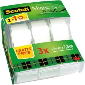 Doosje Scotch Magic onzichtbaar plakband 19 mm x 7,5 m met afroller, 3 rollen