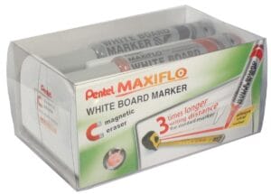 Pentel Maxiflo whiteboardmarkers in blauw, rood, groen en zwart met magnetische bordwisser