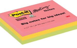 Drie blokken Post-it Super Sticky Meeting Notes van 203 × 153 mm in geel, neongroen en roze