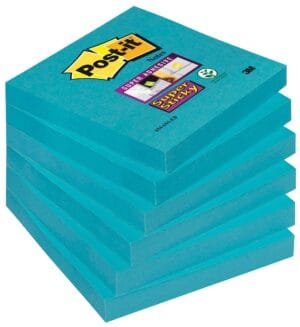 Post-it Super Sticky notes, 90 vel, ft 76 x 76 mm, pak van 6 blokken, blauw (paradise blue) — gekleurde notes