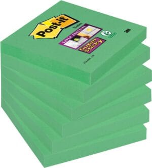 Zes groene Post-it Super Sticky memoblokken van 76 x 76 mm met 90 vel per blok