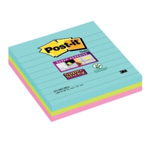 Drie Post-it Super Sticky Notes XL blokken in aquawave, neongroen en tropical pink