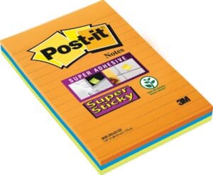 Drie Post-it Super Sticky Notes blokken van 102 × 152 mm in oranje, blauw en groen