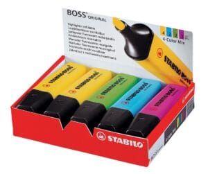 Doos STABILO BOSS ORIGINAL markeerstiften met 10 stiften in geel, roze, groen en blauw