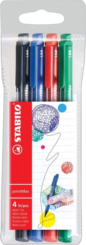 Etui met vier STABILO pointMax schrijfstiften van 0,8 mm in zwart, blauw, rood en groen