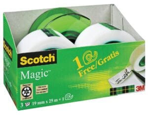 Doosje Scotch Magic Tape met drie rolletjes plakband van 19 mm en een dispenser