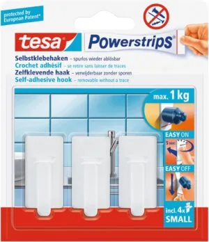 Tesa zelfklevende haken Powerstrips, draagkracht 1 kg, wit, blister van 4 strips en 3 haken — detail 2