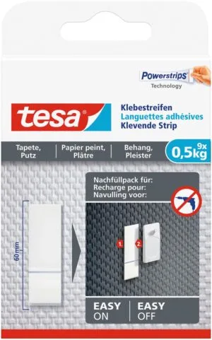 Tesa Klevende strip navulling, draagkracht 0,5 kg, behang en pleisterwerk, pak van 9 stuks — montagemateriaal