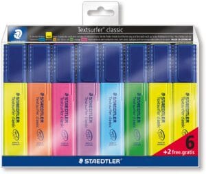 Etui van Staedtler Textsurfer Classic met acht markeerstiften in zes kleuren en twee extra gele stiften