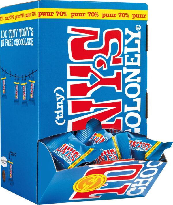 Tony's Chocolonely mini chocoladereep, 900g, doos van 100 stuks apart verpakt, puur