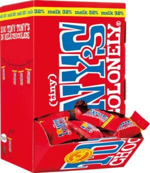Doos Tony's Chocolonely mini melkchocoladerepen, 100 stuks apart verpakt