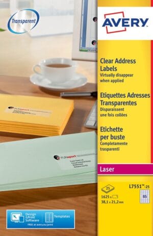 Avery L7551-25 adresetiketten ft 38,1 x 21,2 mm (b x h), 1.625 etiketten, transparant — transparante etiketten