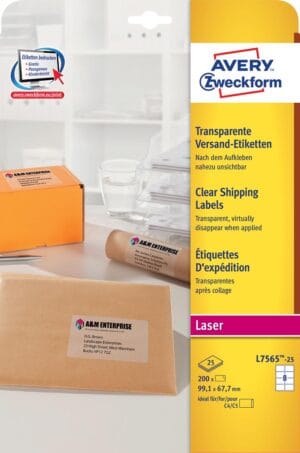 Avery L7565-25 verzendetiketten ft 99,1 x 67,7 mm (b x h), 200 etiketten, transparant — transparante etiketten